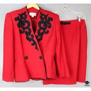John Meyer Red double breasted beaded appliques skirt and jacket suit size 12